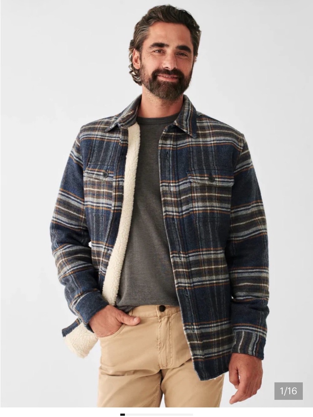 Faherty Men L Blue Plaid Sherpa High Pile Fleece Wool CPO Shirt Jacket Shacket